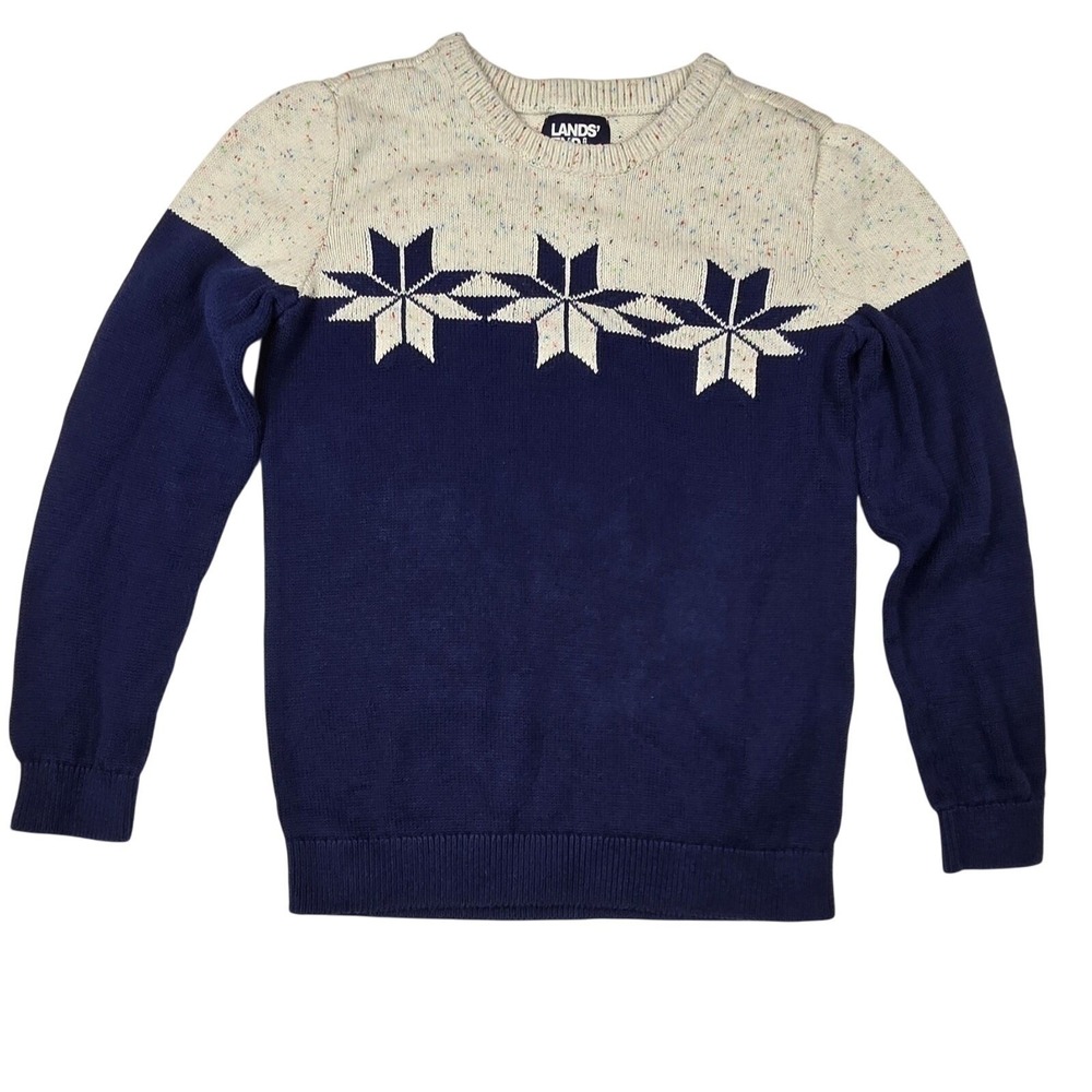 Lands' End L 10-12 Snowflake Sweater Kids Navy Cream Nordic Preppy